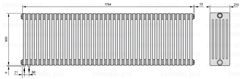 Схема (чертеж) Радиатор Zehnder Charleston 6090/39 №3370 Белый глянцевый RAL 9016